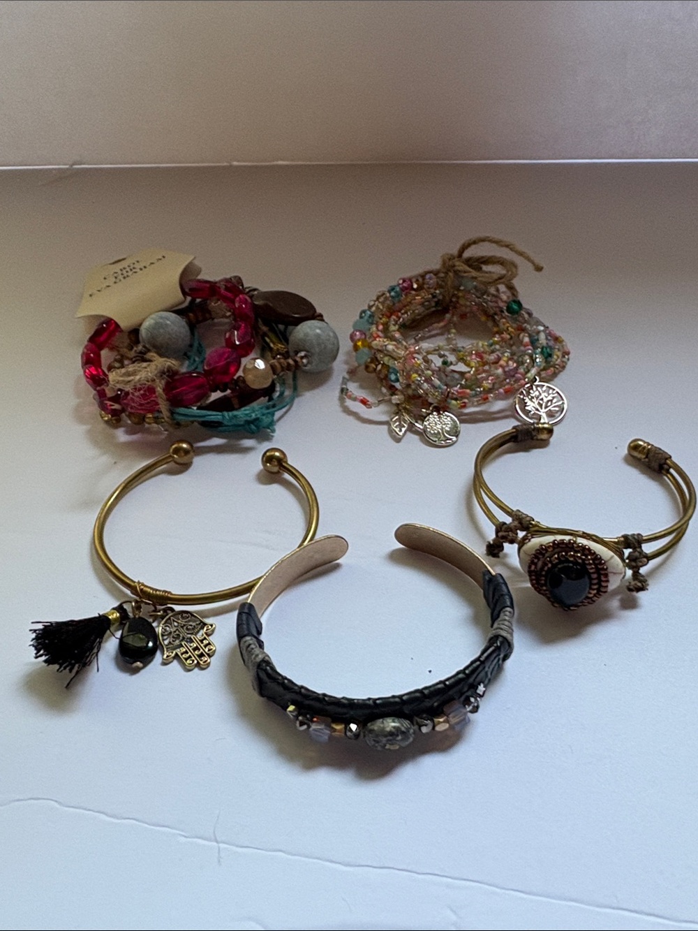 Vintage Boho Whimsigoth Bracelet Stack Lot 5pc Brass Beaded Cuff
